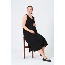 Busa Hamile Sıfır Kollu Yandan Yırtmaçlı Midi Boy Elbise Siyah