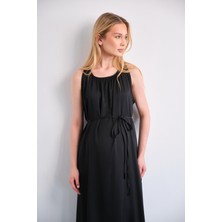 Busa Hamile Beli Bağcıklı Sıfır Kol Midi Boy Saten Elbise Siyah