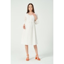 Busa Hamile Midi Boy Truvakar Kol Brode Elbise Beyaz