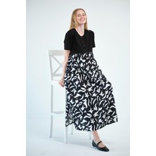 Busa Hamile Kısa Kollu Bisiklet Yaka Midi Boy Desenli Elbise Siyah