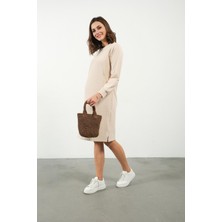 Busa Hamile Emzirme Detaylı Cepli Yumuşak Dokulu Selanik Regular Fit Elbise Krem