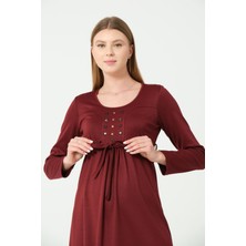 Busa Hamile Uzun Kollu Beli Bağcıklı Ara Boy Elbise Bordo