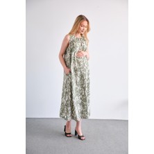 Busa Hamile Desenli Midi Jile Elbise Çağla Yeşili Nefes Alabilir Kumaş ve Esnek Yapı