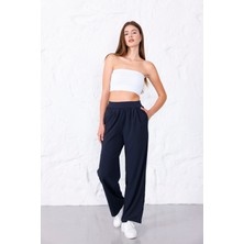 Kadın Lacivert Paraşüt Beli Lastikli Yüksel Bel Cepli Likralı Dokuma Bol Paça Pantolon - 3057