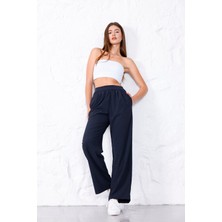 Kadın Lacivert Paraşüt Beli Lastikli Yüksel Bel Cepli Likralı Dokuma Bol Paça Pantolon - 3057