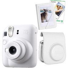 Fujifilm Instax Mini 12 Beyaz Fotoğraf Makinesi + 10'lu Film Mini Albüm ve Deri Kılıflı