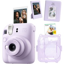 Instax Mini 12 Lila Fotoğraf Makinesi + 20'li Film Simli Pleksi Kılıf Pvc Albüm ve Çerçeveli Hediye Seti