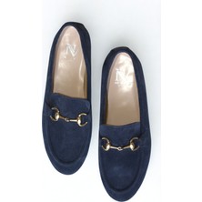 Lacivert Süet Hakiki Deri Gold Zincir Aksesuarlı Kadın Loafer Ayakkabı