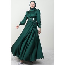 Önü Pileli Tesettür Abiye Zümrüt