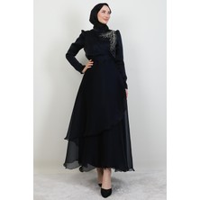 Taşlı Organze Abiye Koyu Lacivert