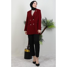 Giza Store Kelebek Broş Detaylı Kadın Ceket Bordo Örme Kumaş Slim Fit Tam Beden Klasik Stil