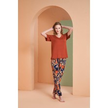 Pjs Kadın Kiremit Desenli V Yaka Kısa Kollu Pijama Takım