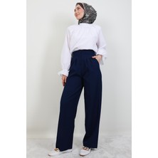 Beli Lastikli Düğmeli Pantolon Lacivert