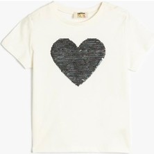 Koton Tişört Pullu Payetli Kalpli Bisiklet Yaka Pamuklu