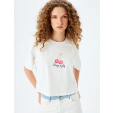Koton Kiraz Baskılı Rahat Kalıp Bisiklet Yaka Kısa Kollu Crop T-Shirt