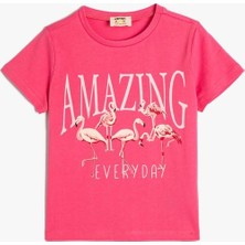 Koton Flamingo Baskılı Kısa Kollu Bisiklet Yaka Pamuklu