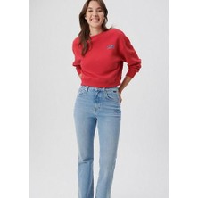 Mavi Kırmızı Crop Sweatshirt Kadın Truvakar Kol Logo Baskılı Orta Kalınlıkta Şık Tasarım