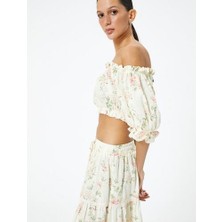 Koton Kadın Crop Straplez Atlet Slim Fit Çiçekli Fırfırlı Nefes Alabilir Pamuklu
