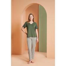 Pjs Kadın V Yaka Yarım Kollu Çizgili Pijama Takım