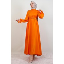 Saten Kemerli Elbise Orange