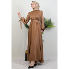 Saten Kemerli Elbise Sütlükahve