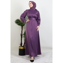 Kemerli Saten Elbise Koyu Lila