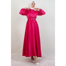 Saten Kemerli Elbise Pembe