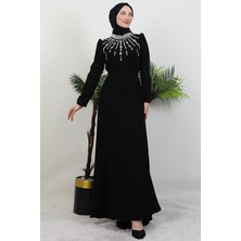 Giza Store Yakası Taş Işlemeli Elbise Siyah