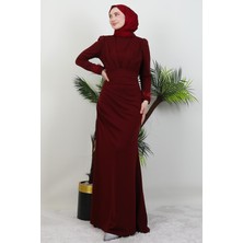 Giza Store Kolu Tüylü Pile Detay Elbise Bordo