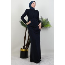 Giza Store Kolu Tüylü Pile Detay Elbise Lacivert