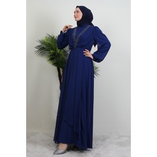 Giza Store Taşlı Çapraz Şifon Elbise Gece Mavi