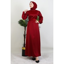 Giza Store Kemerli Saten Elbise Bordo