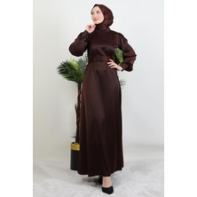 Giza Store Kemerli Saten Elbise Acı Kahve