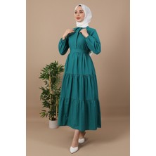 Standart Yaka Düğmeli Elbise Petrol Yeşil