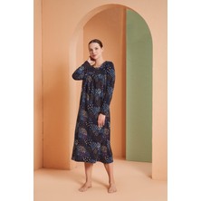 Pjs Kadın Desenli Yuvarlak Düğmeli Yaka Uzun Kollu Gecelik