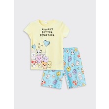 Lcw Kids Sari Bisiklet Yaka Baskılı Kısa Kollu Kız Çocuk Şortlu Pijama Takımı