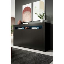 Ecm Konsol LED Aydınlatmalı Şık Büfe Katlanabilir Cam Raflı Modern ve Zarif Konsol Siyah Mat Büfe