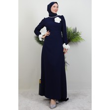 Taşlı Güllü Elbise Lacivert