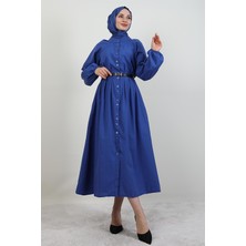 Giza Store Tam Boy Düğmeli Elbise Koyu Mavi
