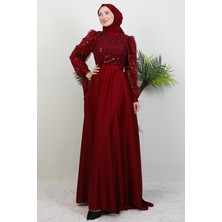 Pul Payet Detay Saten Abiye Bordo