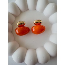 Gold Detaylı Turuncu Oval Küpe