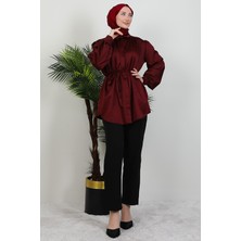 Giza Store Gizli Düğmeli Saten Gömlek Bordo