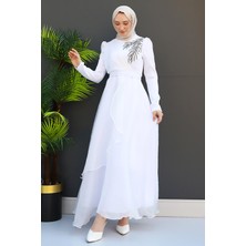 Taşlı Organze Abiye Beyaz