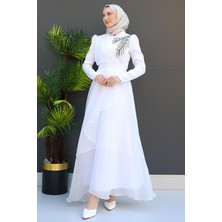 Taşlı Organze Abiye Beyaz