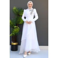 Taşlı Organze Abiye Beyaz