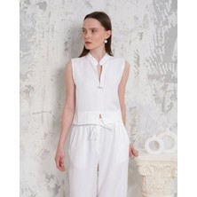 Broşlu Yelek Pantolon Takım Beyaz S255821