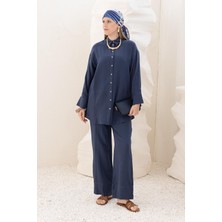 Indigo-Dikiş Detaylı Müslin Pantolonlu Takım