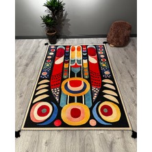 Drom Makinede Yıkanabilir Kaymaz Tabanlı Halı Multy Soyut Desenli Saçaklı Kilim