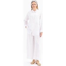Beyaz-Nakış Detaylı Keten Pantolonlu Takım
