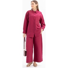 Vişne-Nakış Detaylı Keten Pantolonlu Takım